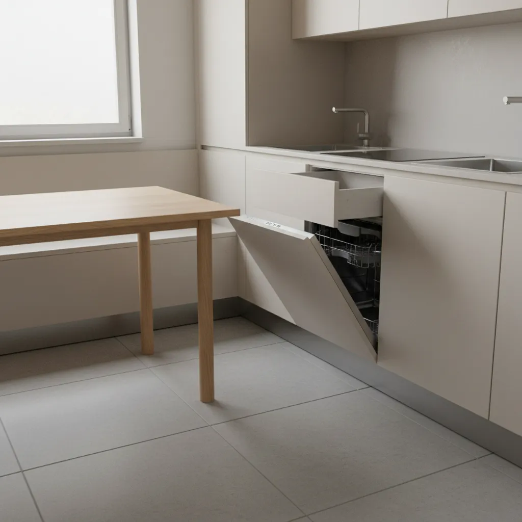 kitchen drawers and dishwasher blocked by center table