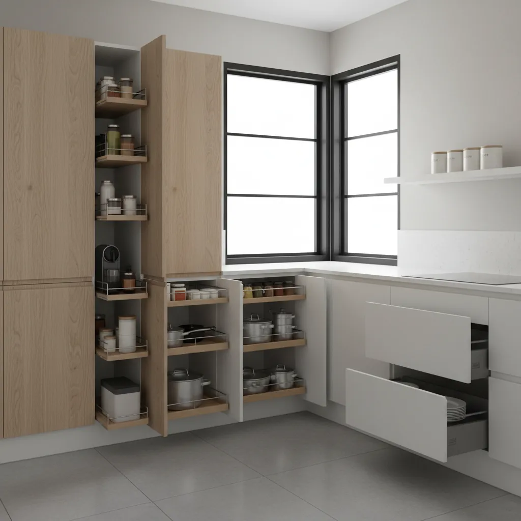 small kitchen storage solutions with pull out shelves and vertical cabinets
