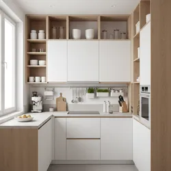 Modern white kitchen with wooden shelves, white cabinets, coffee machine, stove, and bright window light