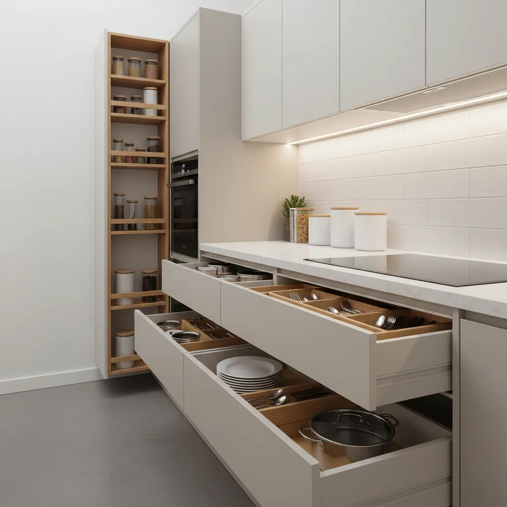 Pull out pantry and organized drawers in a small kitchen