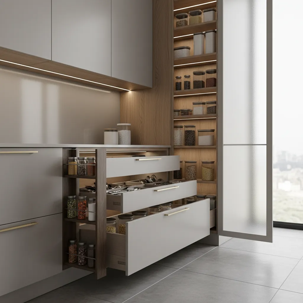 Pull-out storage and vertical cabinets in small modular kitchen