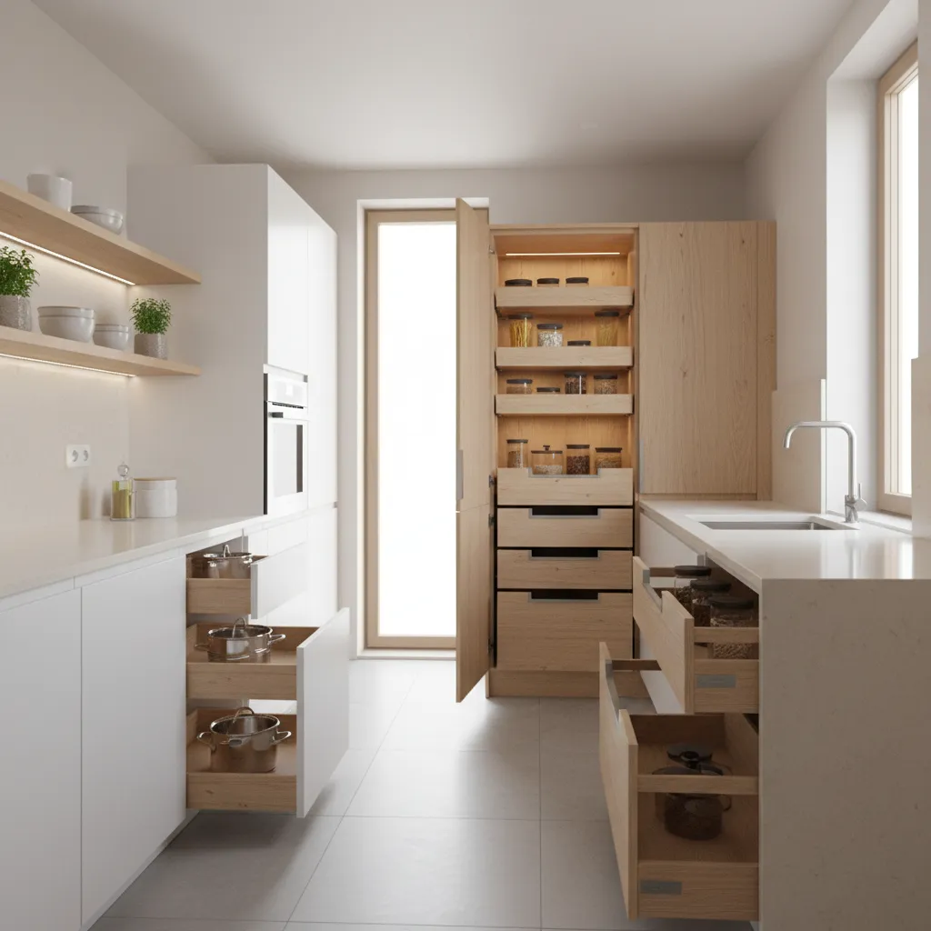 Pull-out drawers and vertical storage in a compact kitchen