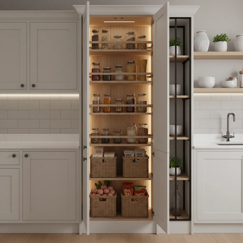 pull out pantry and vertical storage in small kitchen