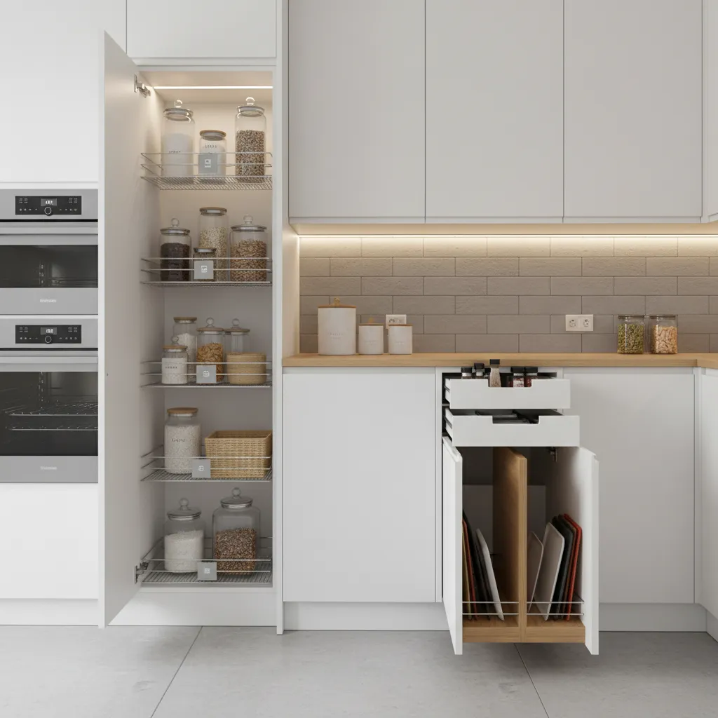 Smart storage solutions in a small kitchen including pull out shelves