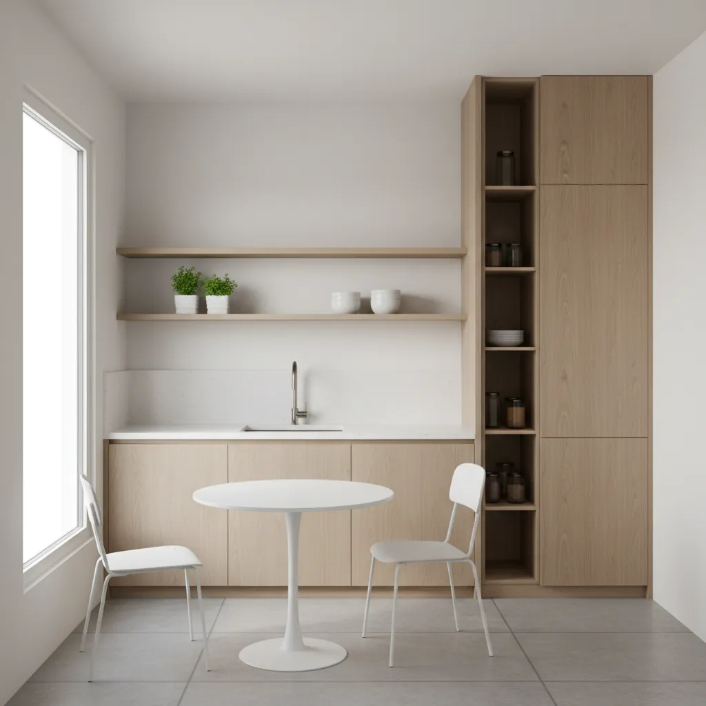 Small kitchen with slim broom cabinet and compact pantry storage solution