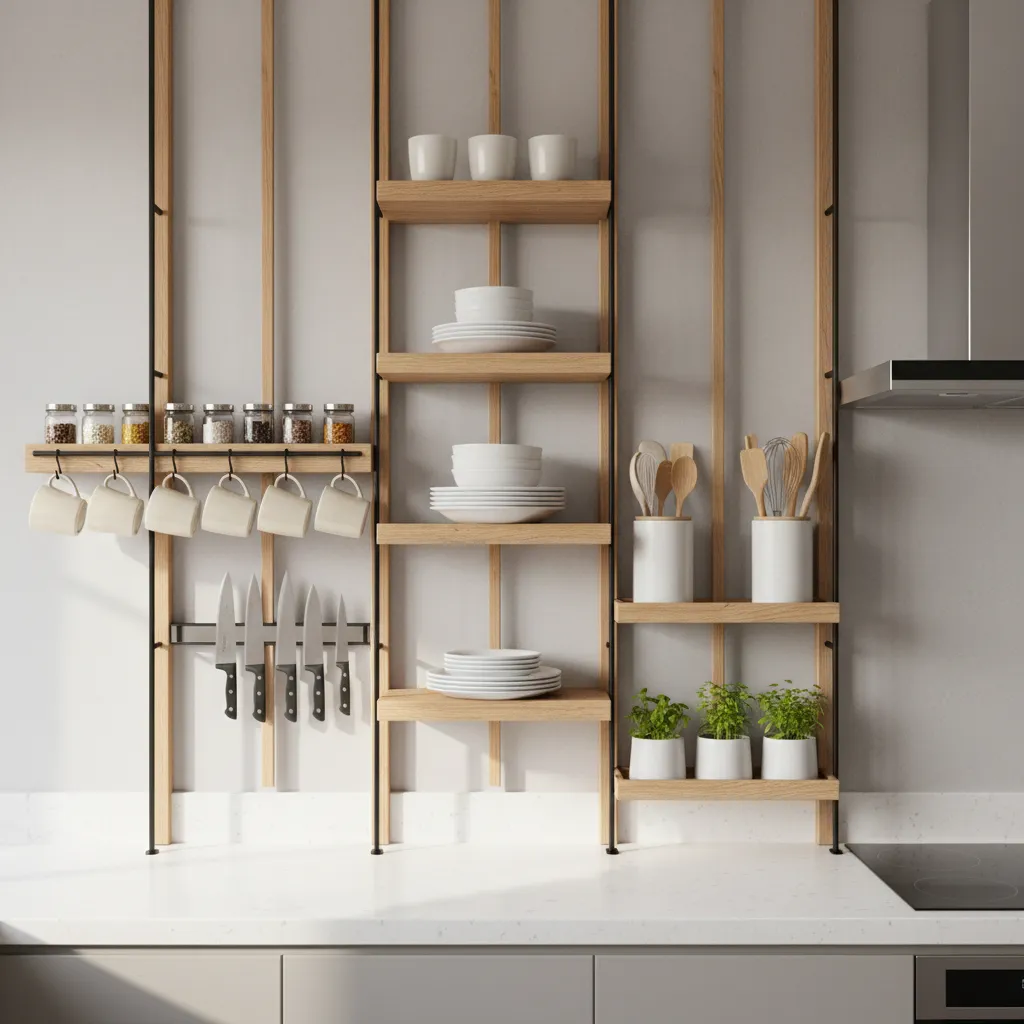 Vertical kitchen storage with wall racks hooks and shelves