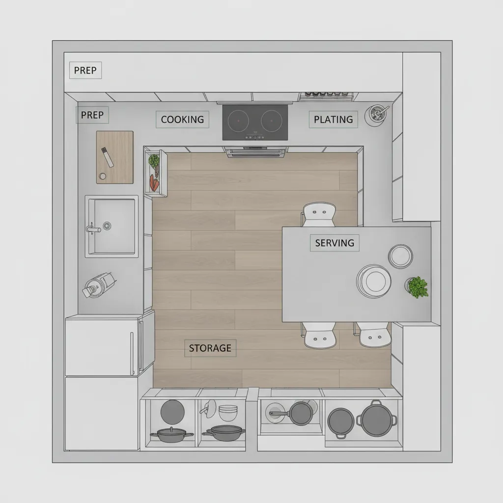Kitchen room layout showing labeled functional zones for cooking prep plating serving and storage food areas