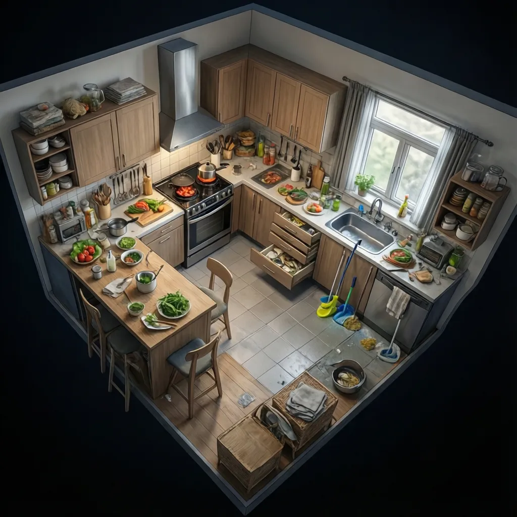 Small kitchen organized into cooking prep and cleaning storage zones