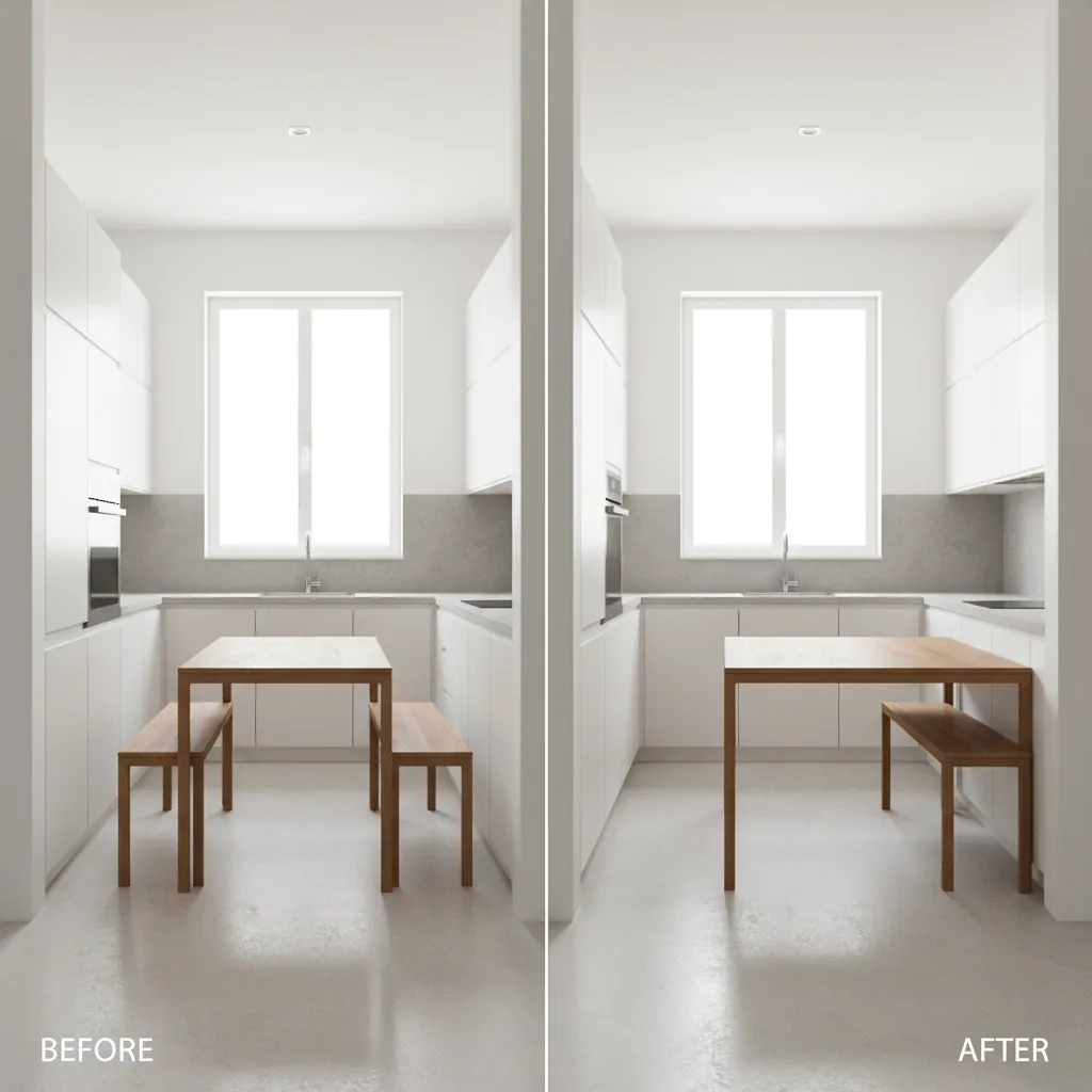 before and after comparison of cramped kitchen table layout improved by repositioning furniture