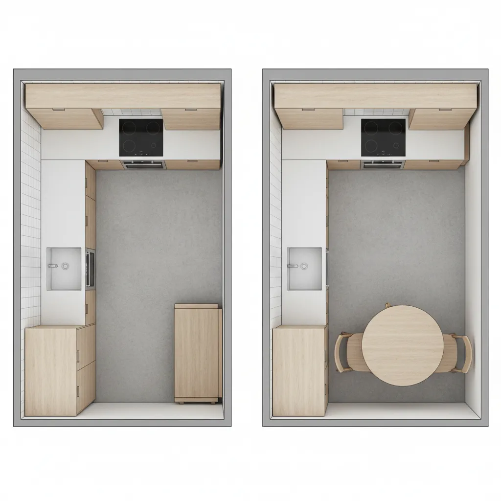 Comparison of kitchen space usage between drop leaf table and folding table