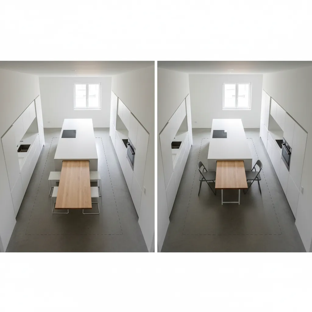 Comparison of pull out and fold down kitchen table space usage