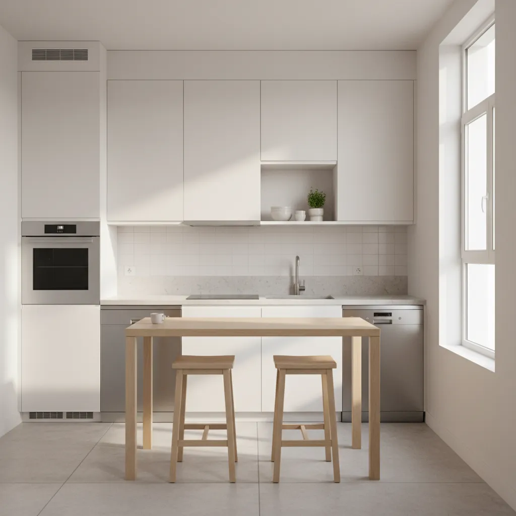 Compact kitchen using a slim center table instead of a bulky island