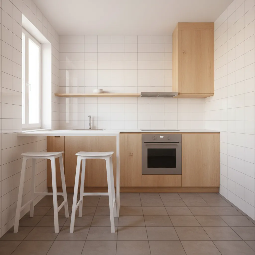 small kitchen with cohesive wall and floor tile colors creating a larger visual space