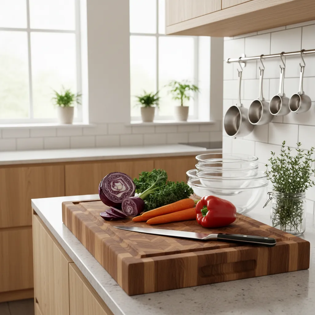 Kitchen prep station with knives, cutting board and mixing bowls