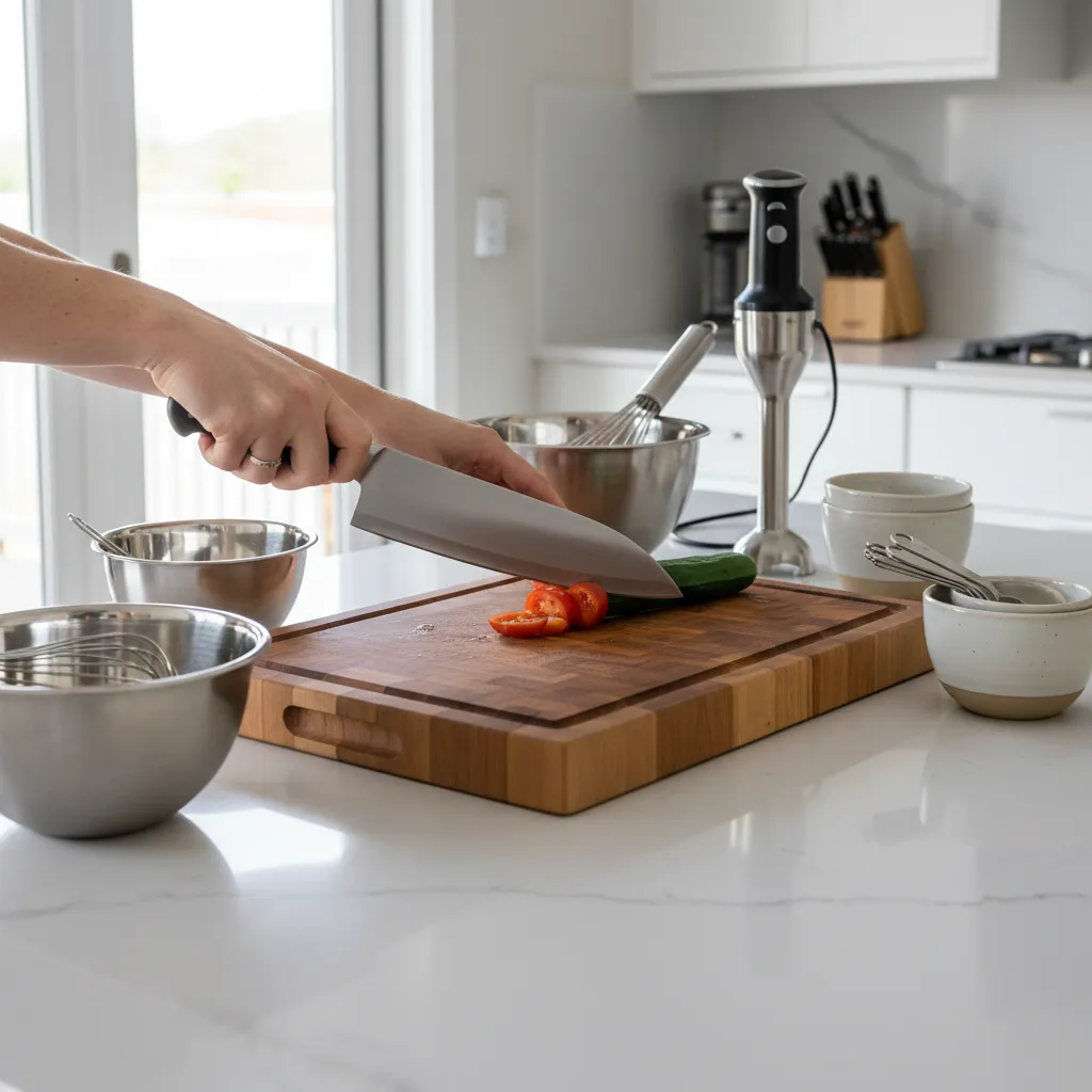 Kitchen prep counter with knives cutting boards bowls and blender