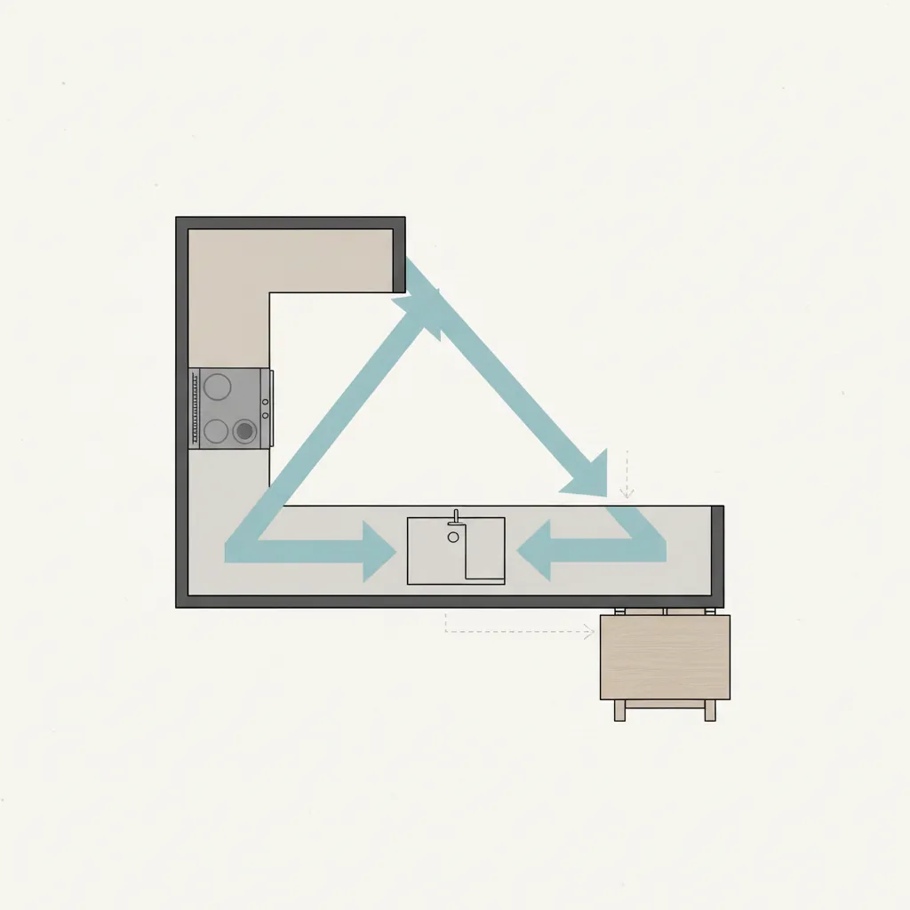 Kitchen traffic flow diagram with refrigerator sink stove triangle