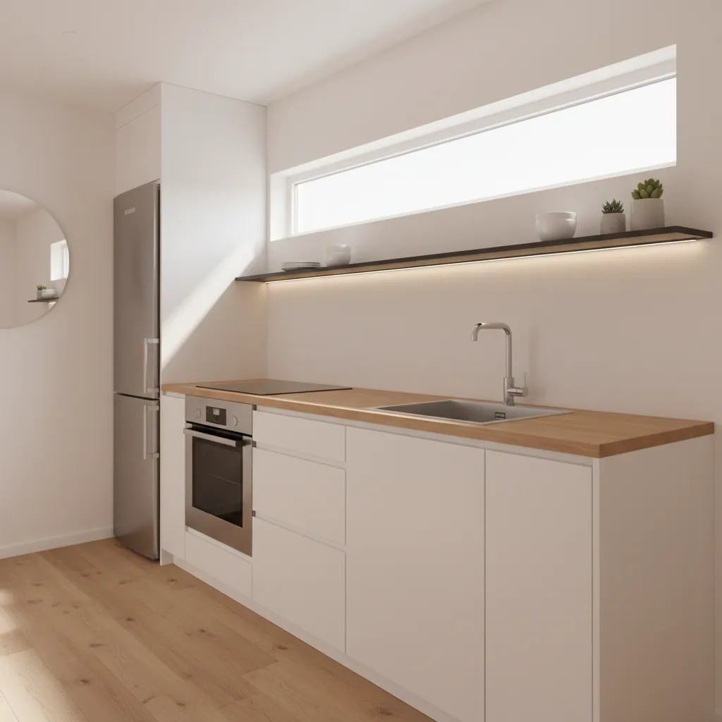 Minimalist white kitchen with wooden countertop, stainless steel sink, oven, fridge, and a wall shelf