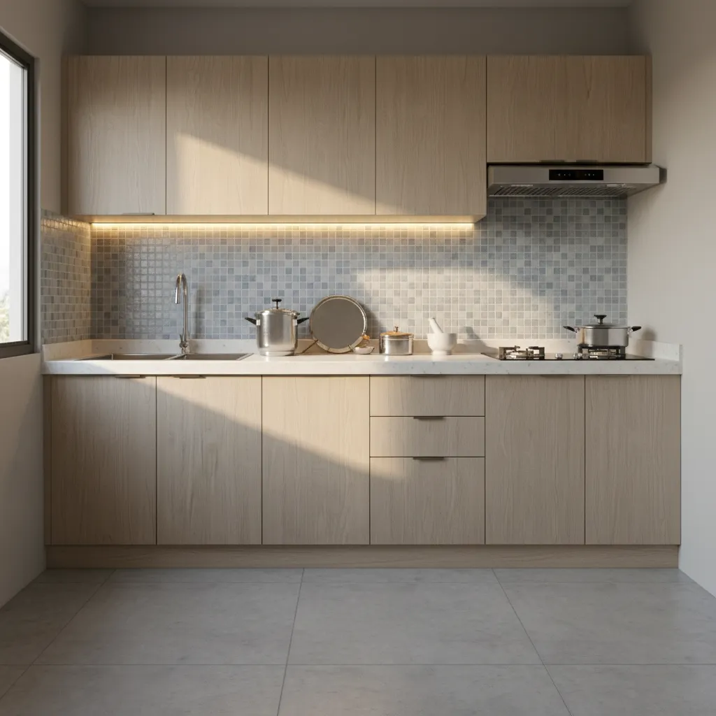 under cabinet LED lighting in a small Indian kitchen workspace