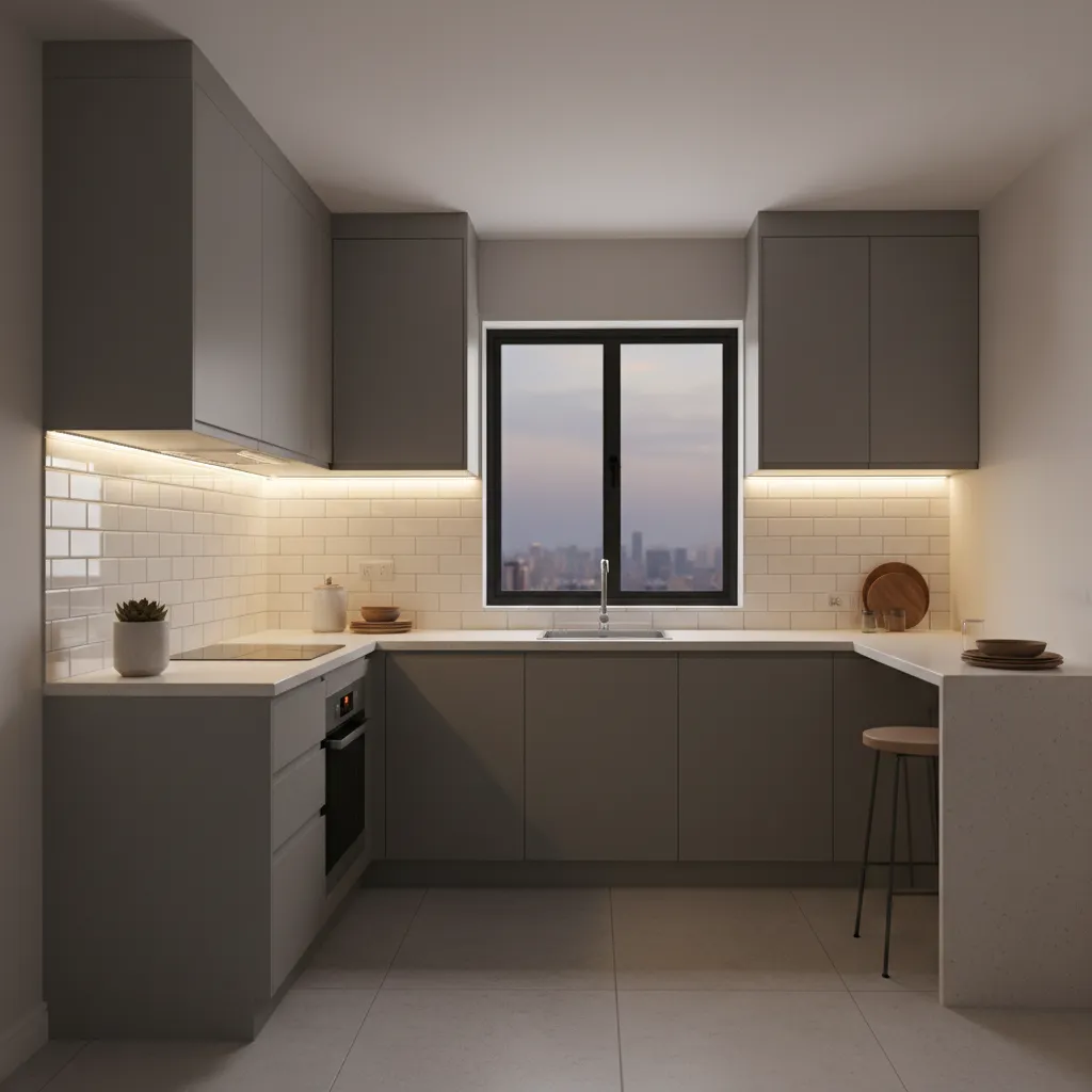 tiny modular kitchen illuminated with under cabinet LED lighting