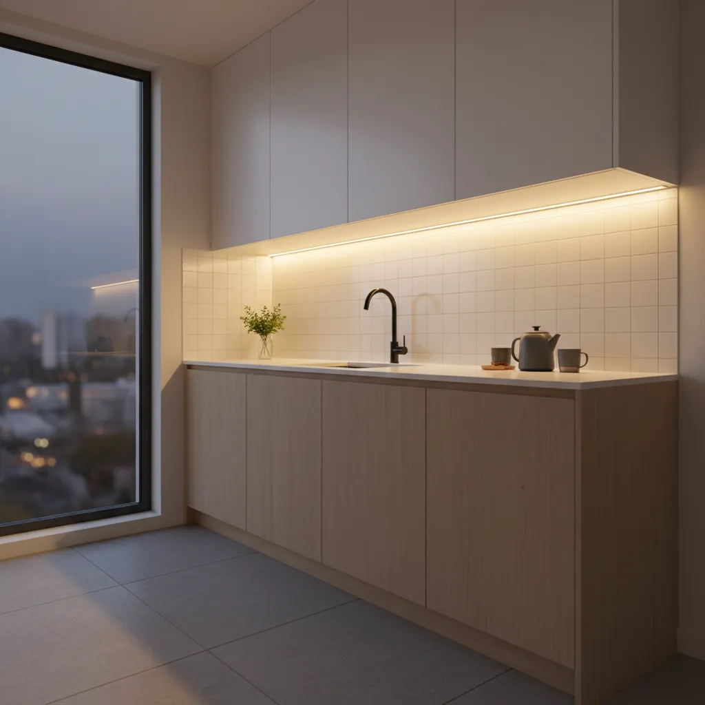 small kitchen with warm under cabinet lighting illuminating backsplash