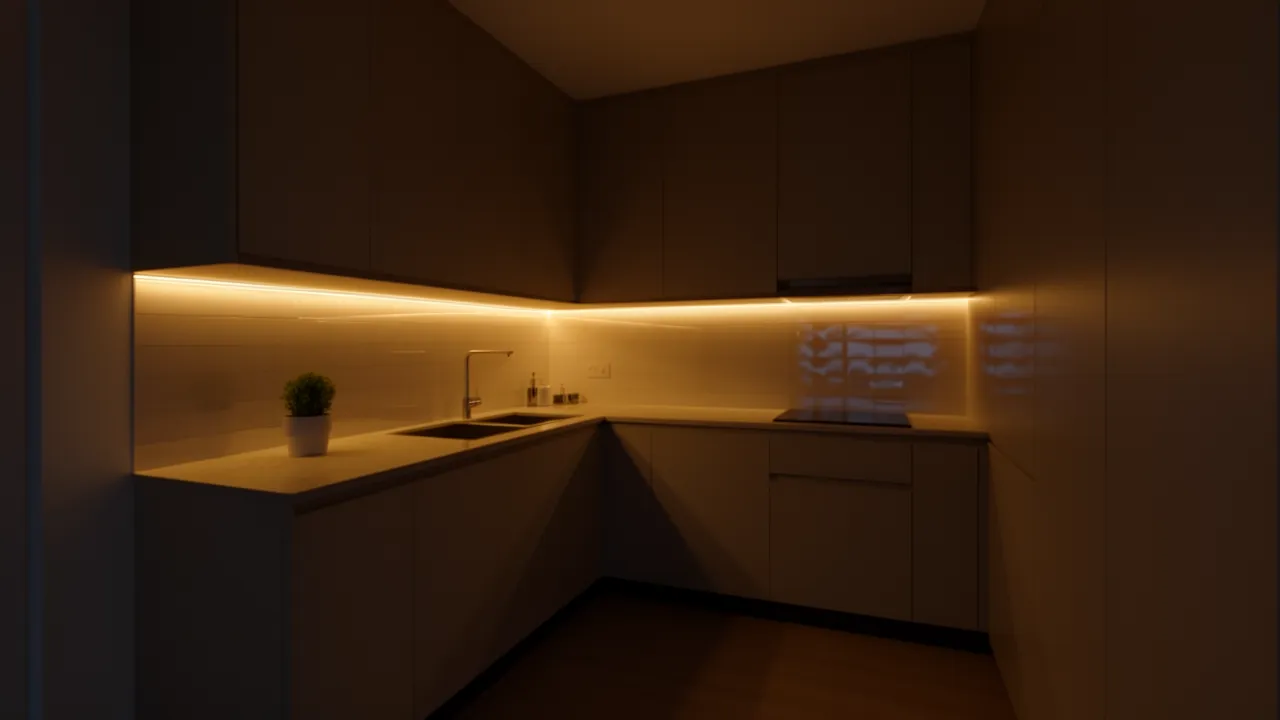 Small kitchen with under cabinet LED lighting illuminating countertops