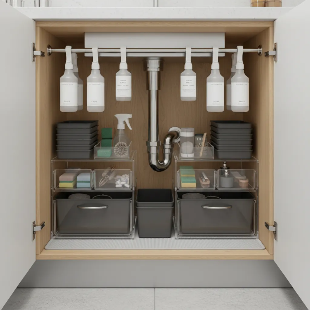 small kitchen under sink cabinet organized with bins shelves and tension rod