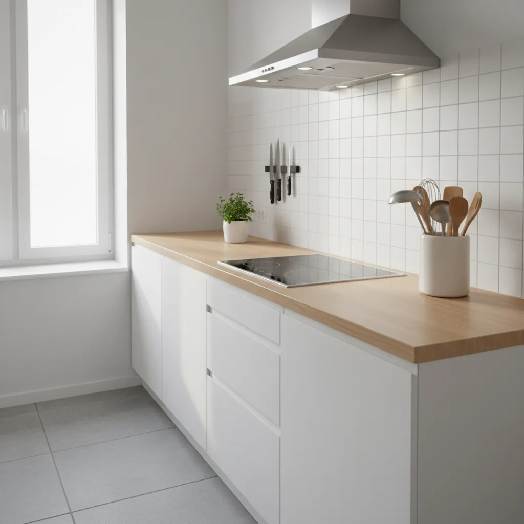 small kitchen cooking zone with utensils organized near stove