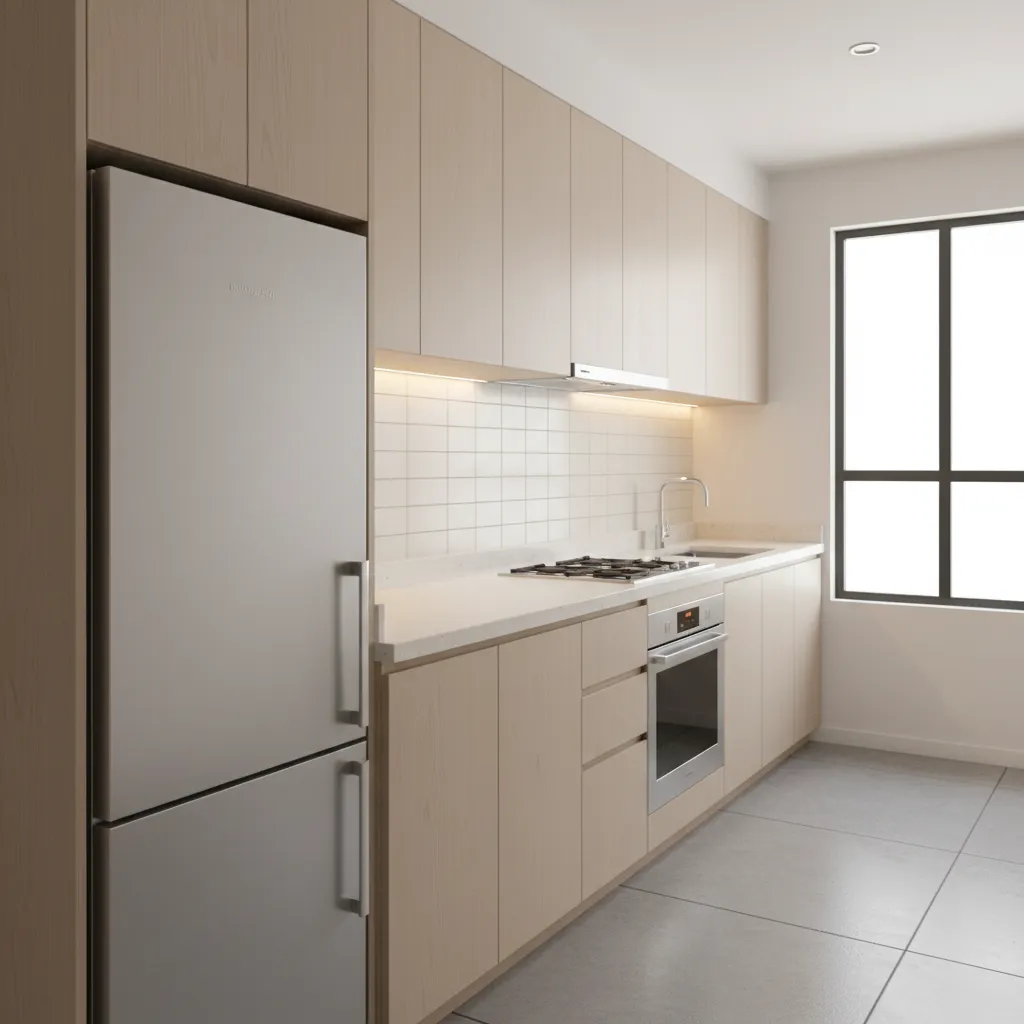 small apartment kitchen workflow showing fridge counter stove and sink sequence