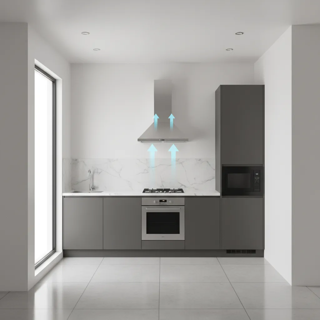 3d visualization of small kitchen layout with chimney ventilation flow