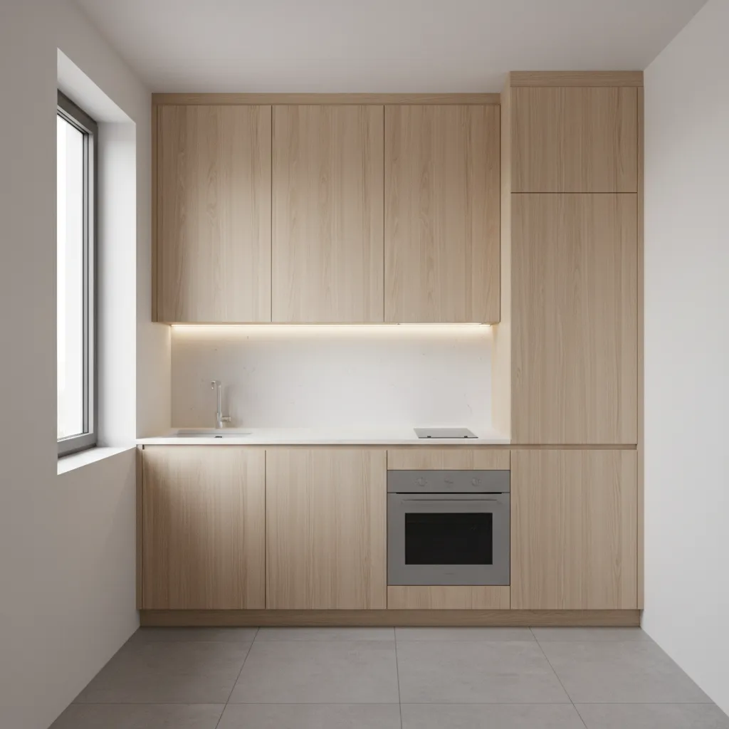 Small kitchen with ceiling height cabinets maximizing vertical storage