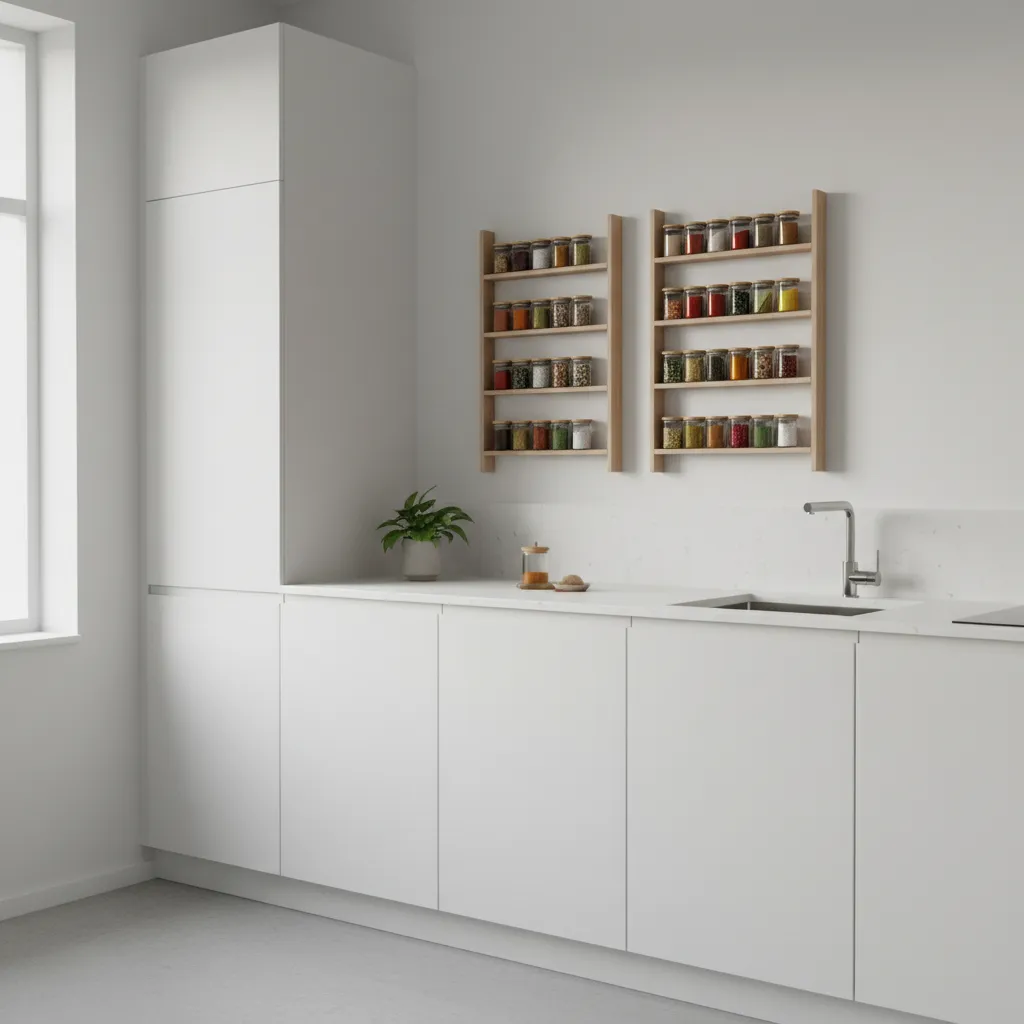 small kitchen with vertical wooden spice racks mounted on narrow wall