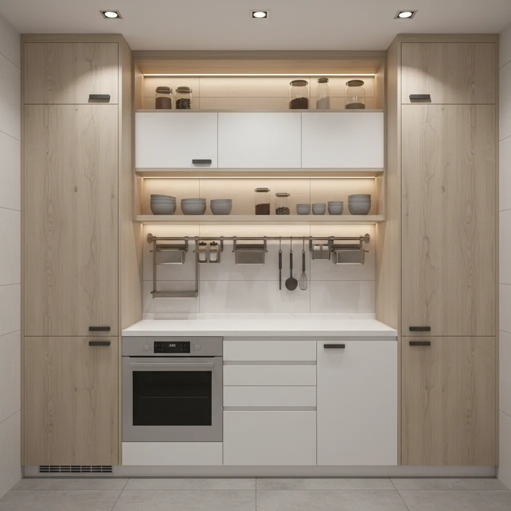 Small kitchen with tall cabinets and vertical storage solutions