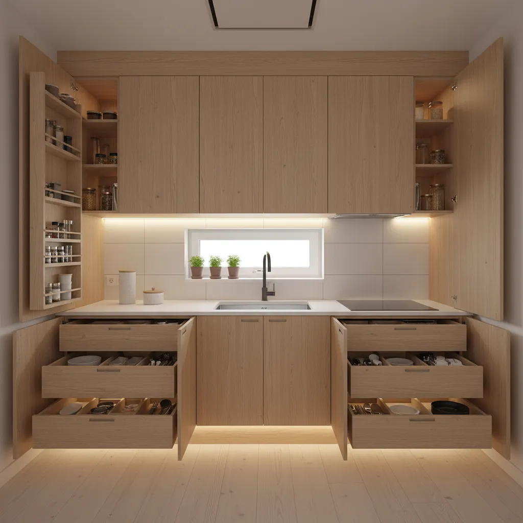 vertical storage cabinets in compact modular kitchen maximizing space