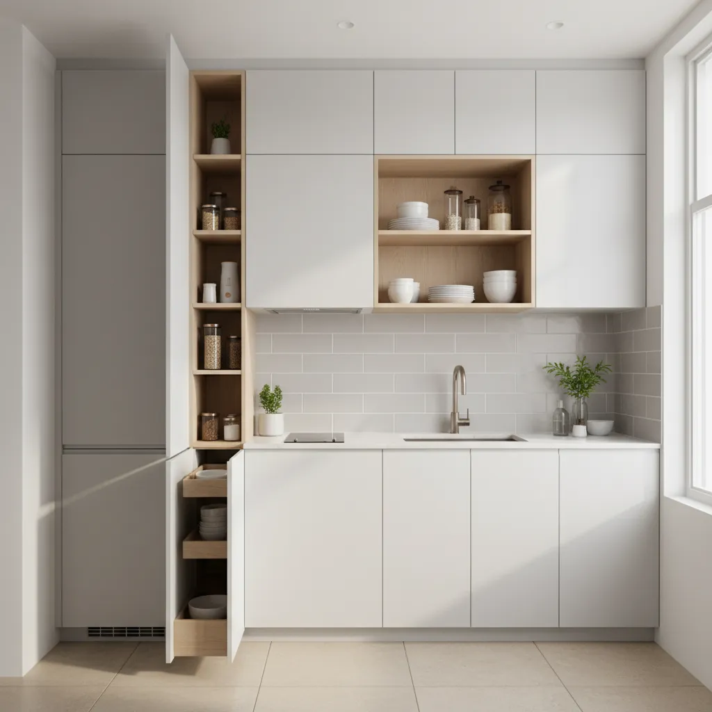Modern white kitchen cabinets with wooden shelves pull-out storage drawer subway tiles and small plants
