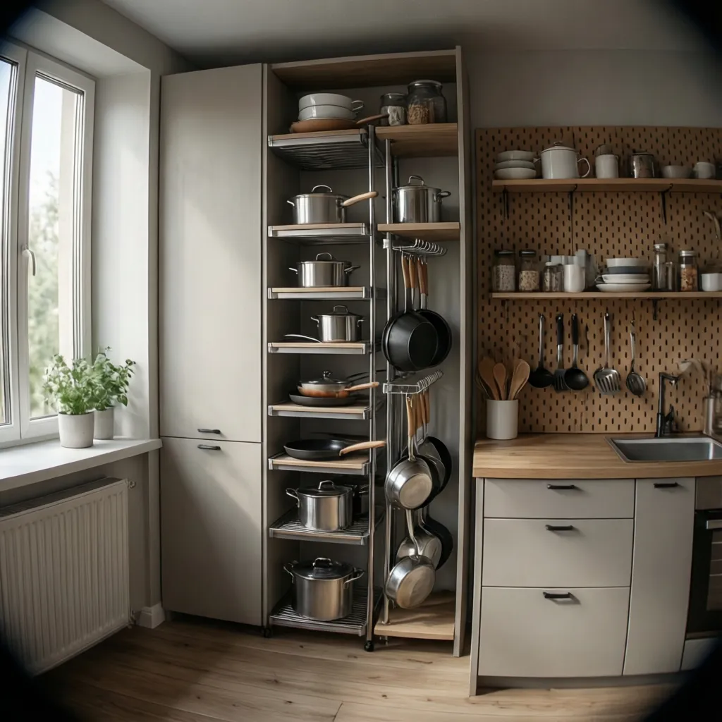 Small kitchen wall storage with open shelves and hanging cookware