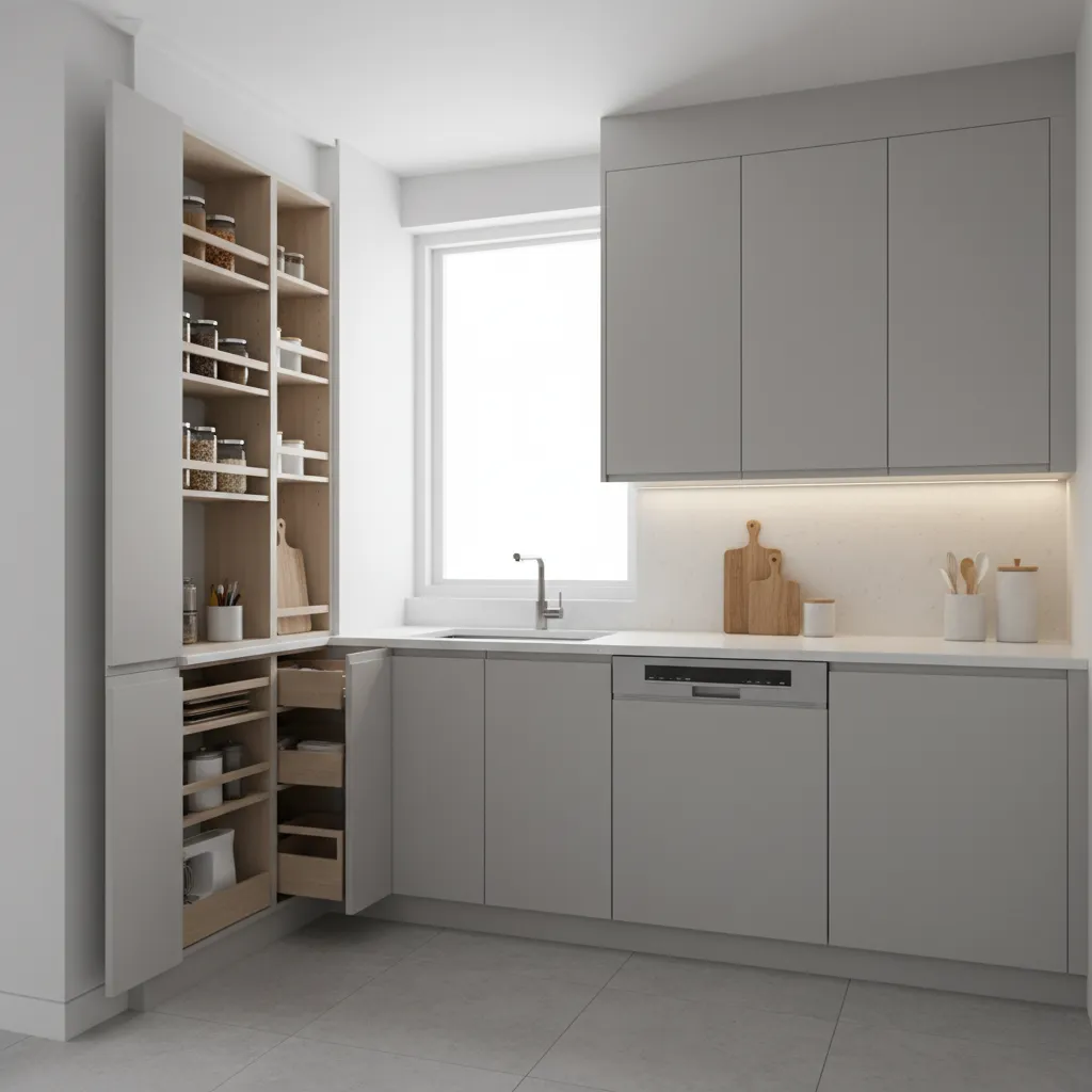 small kitchen vertical cabinet storage with pull out pantry