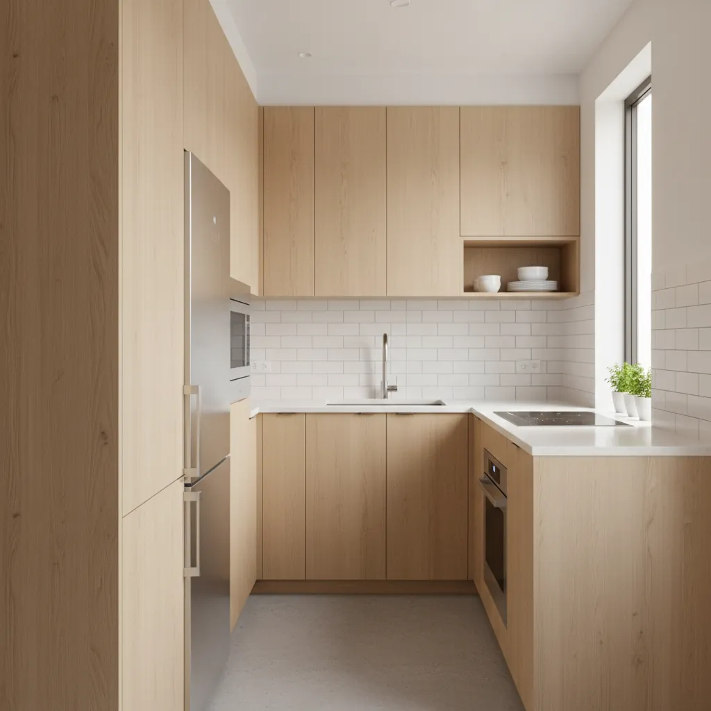 Small kitchen with tall cabinets extending to the ceiling for extra storage
