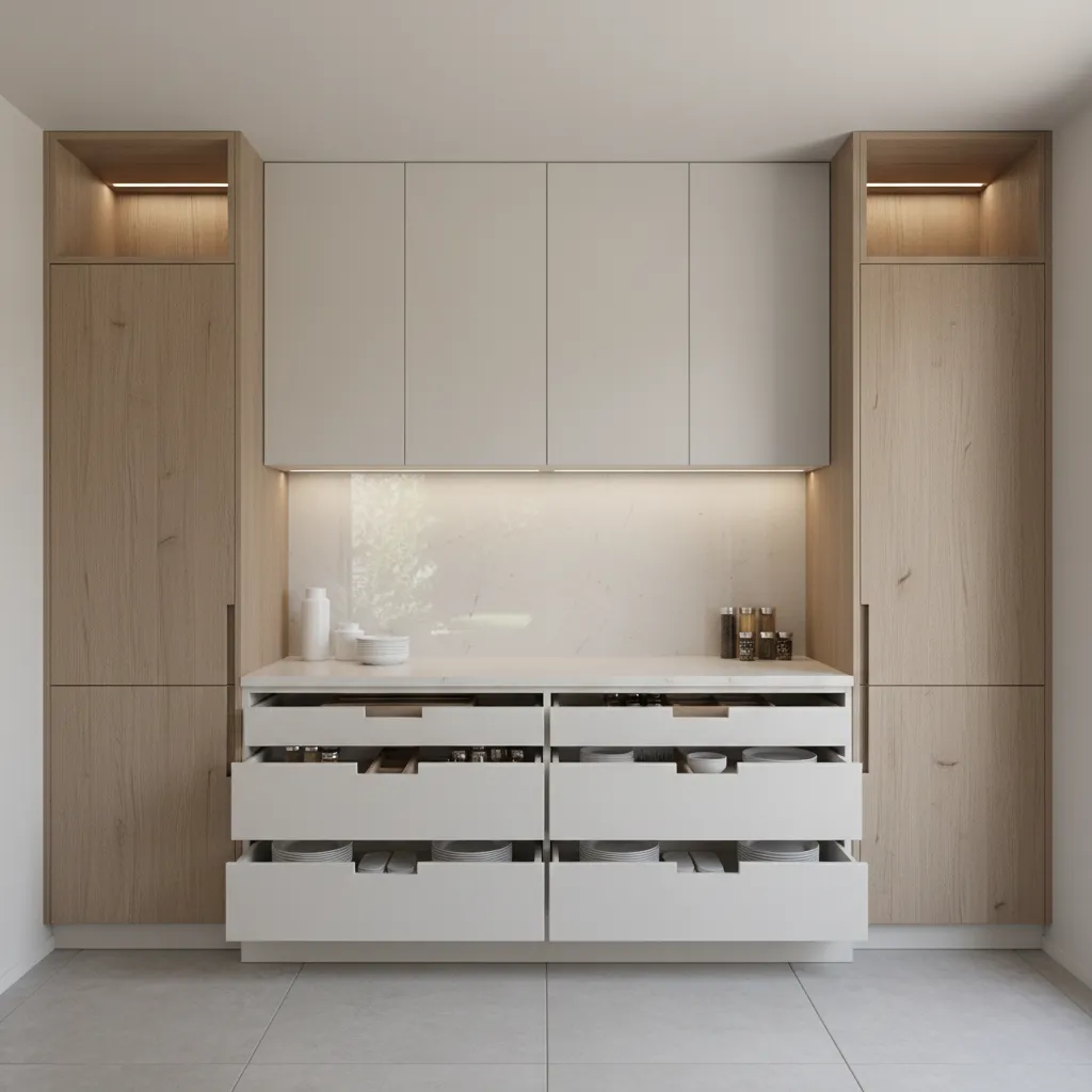 Small kitchen vertical storage cabinets reaching ceiling