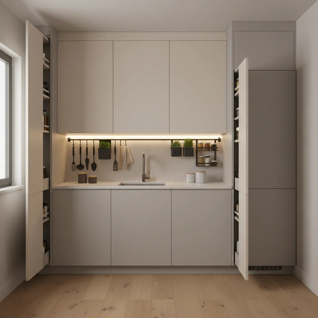 Vertical storage cabinets in a small modular kitchen