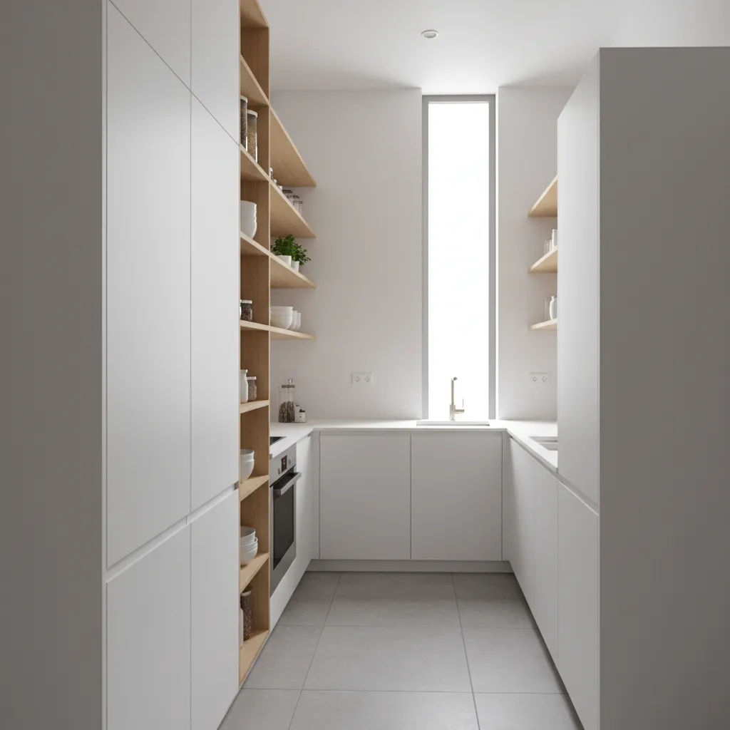 Compact kitchen using vertical cabinets and open shelving for extra storage