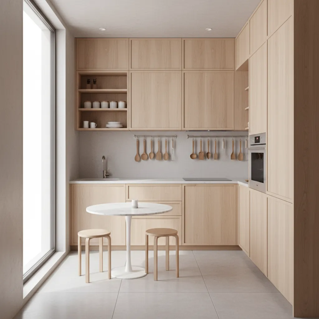 Small kitchen using vertical storage racks and compact tool organization