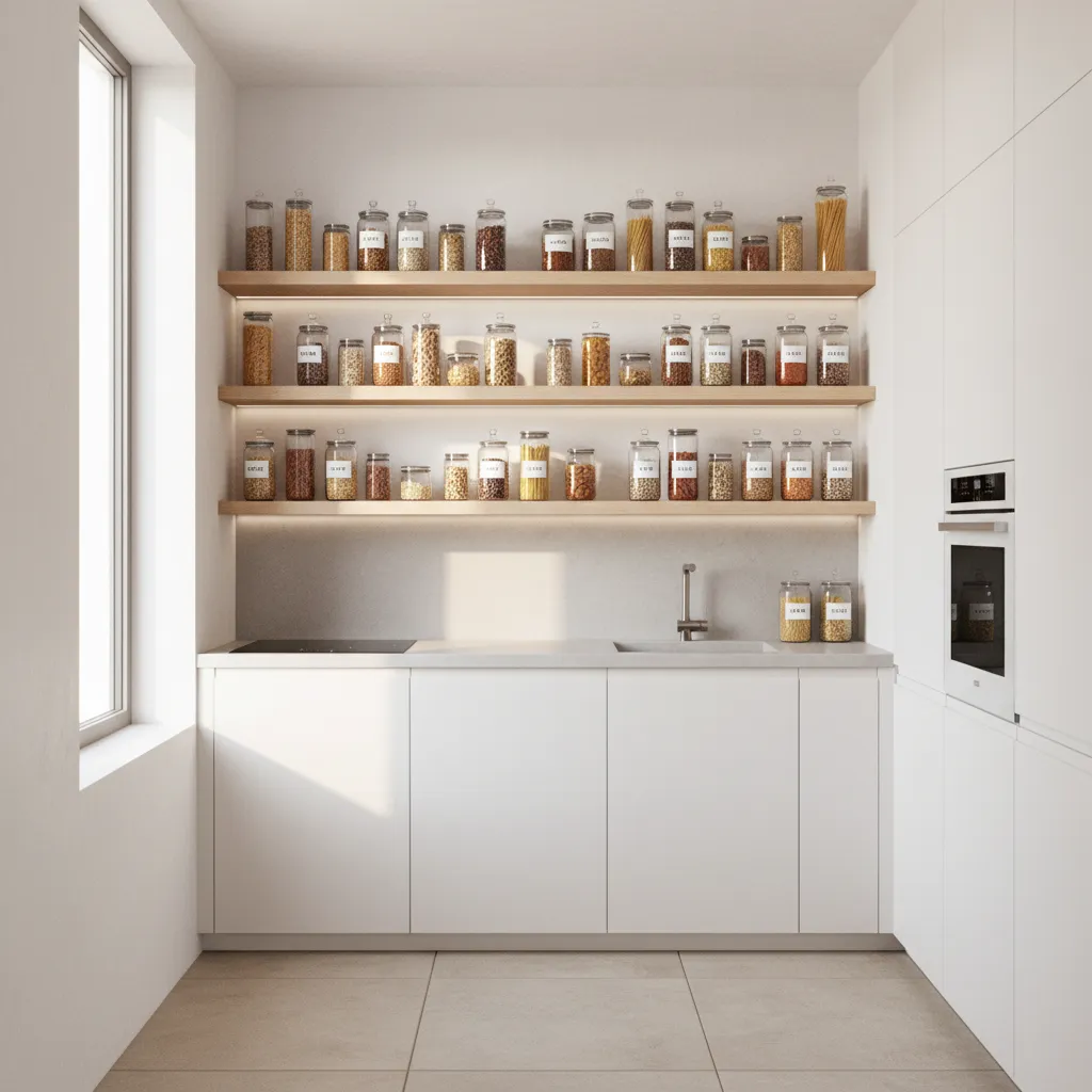 small kitchen using wall shelves to store jars and food instead of pantry