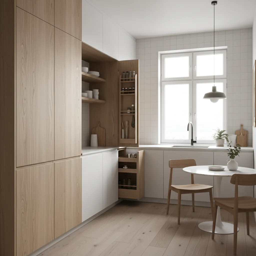small kitchen with vertical storage cabinets and pull out drawers