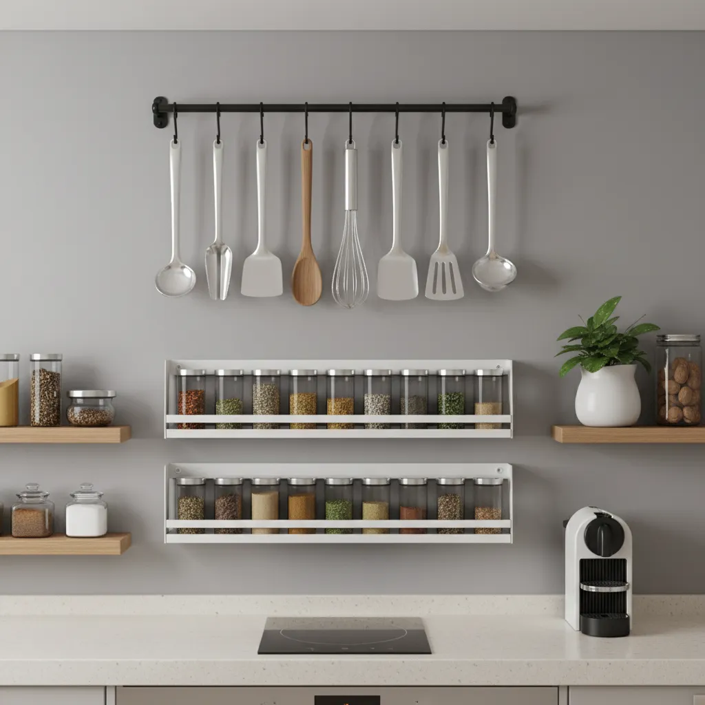 small kitchen using vertical wall storage racks for utensils and spices