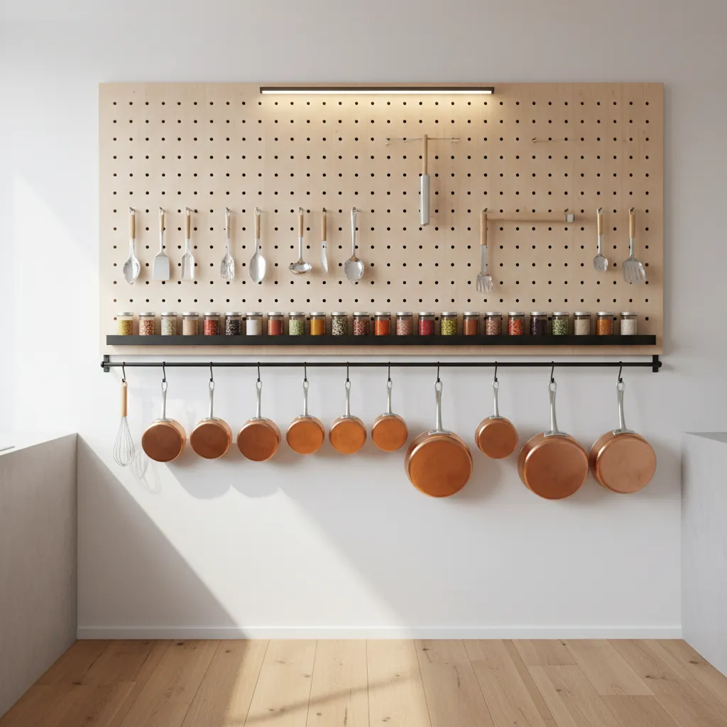 Small kitchen using vertical storage pegboard magnetic spice rack and hanging tools