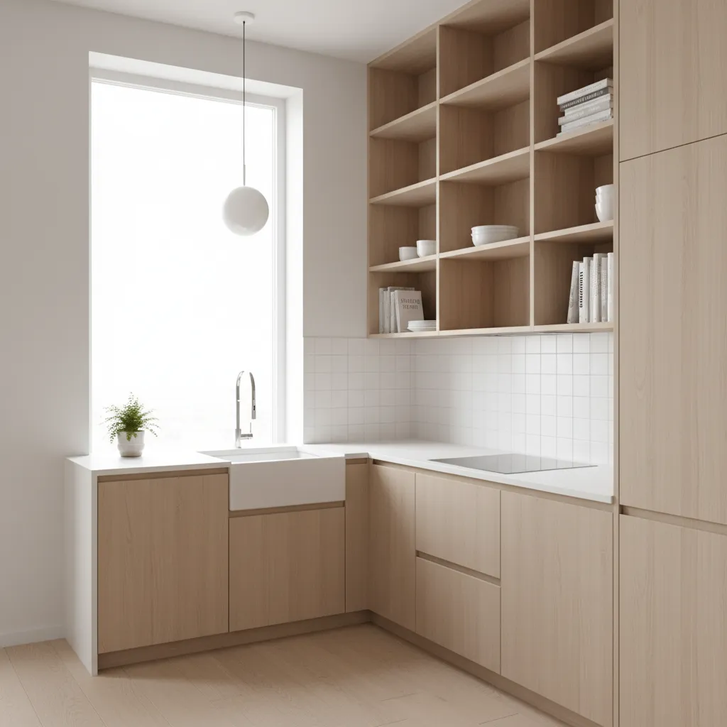 Compact kitchen using vertical wall storage and open shelves