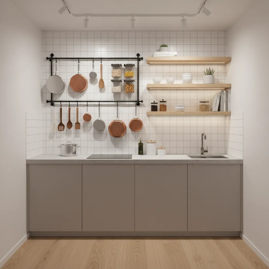 Small kitchen with white tiled wall, hanging pot rack, wooden floating shelves, and grey cabinets