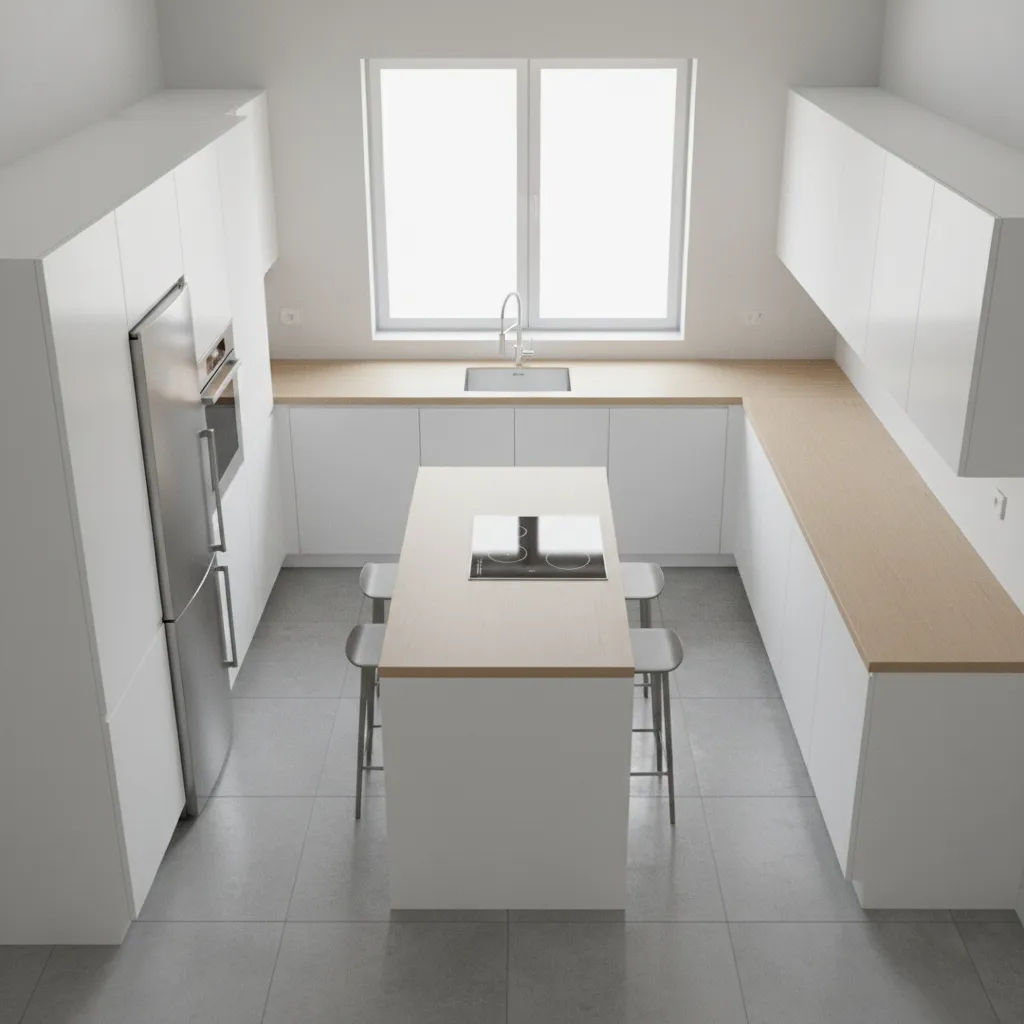 Small kitchen layout visualization showing island clearance spacing