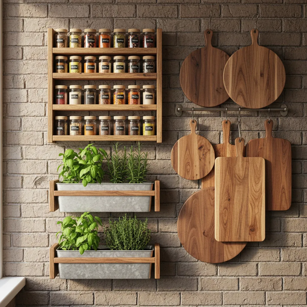 Decorative yet functional small kitchen wall with spice rack and plants