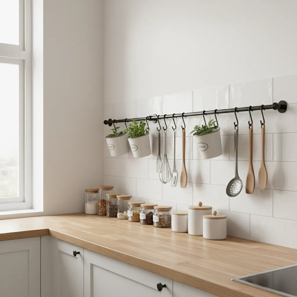 wall rail storage system with utensils spices and containers in small kitchen